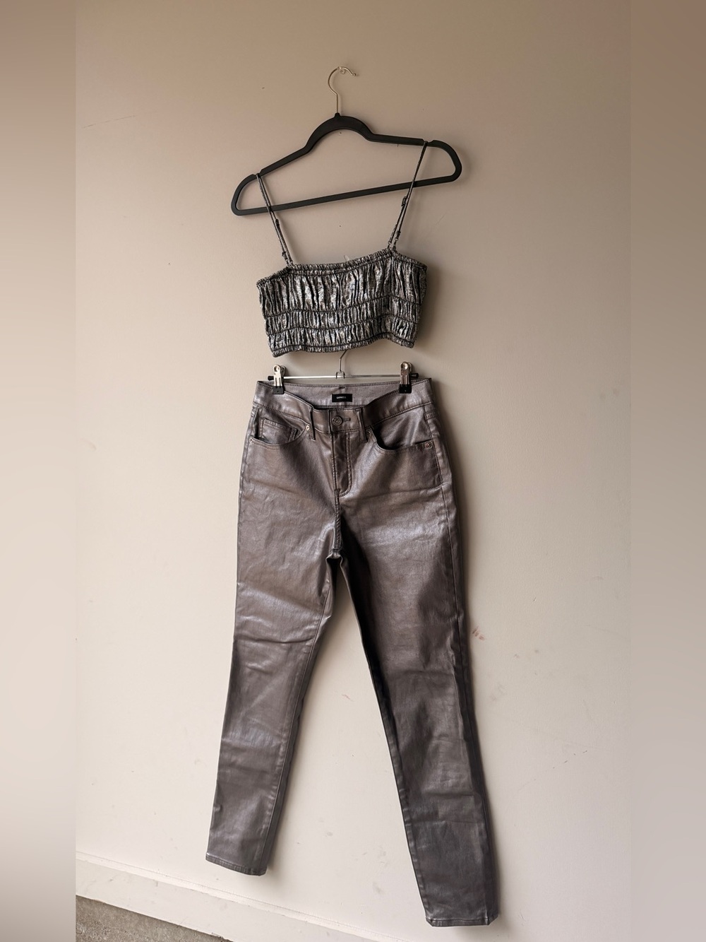 Metallic Grey Crop Top and Coated Jeans Set